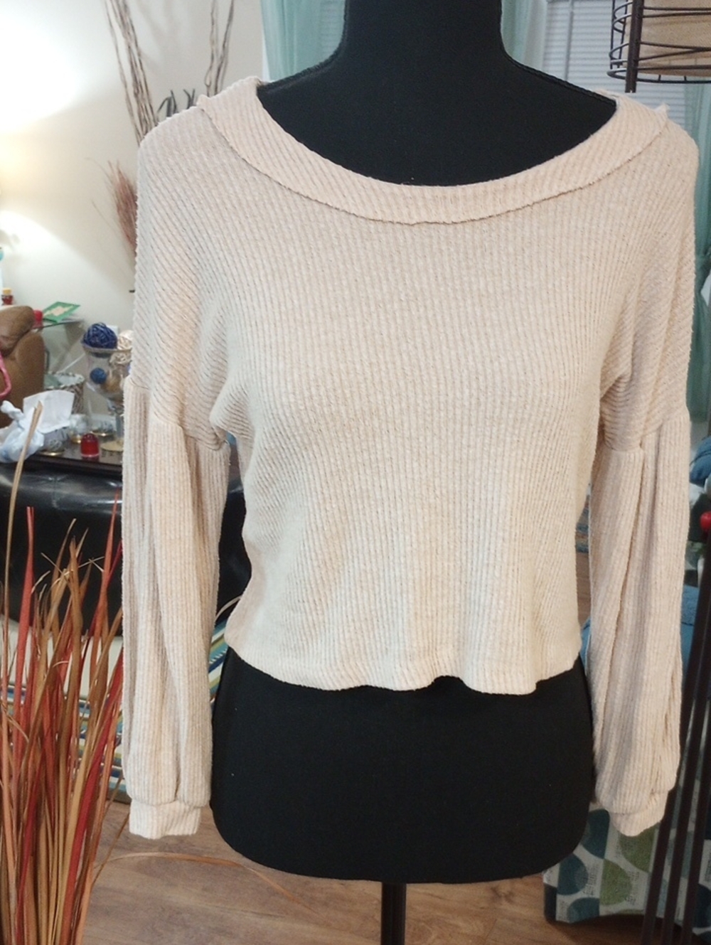 Women's Ribbed Scoop-Neck Sweater in Cream
